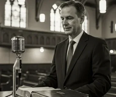 18 Sermones escritos para predicadores. (Predicador con Biblia, micrófono en un púlpito)