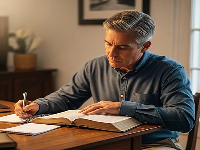 Temas bíblicos para enseñar (Hombre estudiando la Biblia en un escritorio)