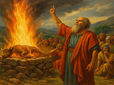 El profeta Elías y los 450 profetas de Baal y los 400 de Asera. Elías hace descender fuego del cielo.