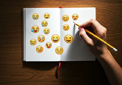 Cómo controlar mis emociones. Libreta con emojis y una mano con lápiz