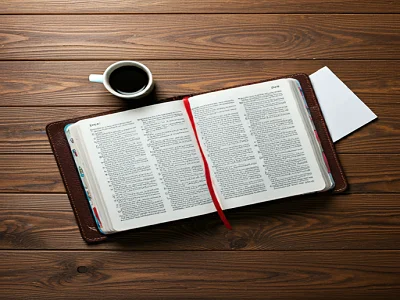 Consejería cristiana. Biblia abierta con separador y una taza de café sobre la mesa.