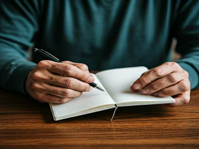Dale sentido a tu vida. Hombre tomando nota con libreta y lapicero en la mano.