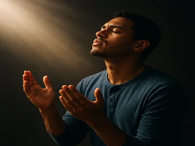 Dios escucha nuestras oraciones: Persona orando con manos levantadas y un resplandor de luz celestial
