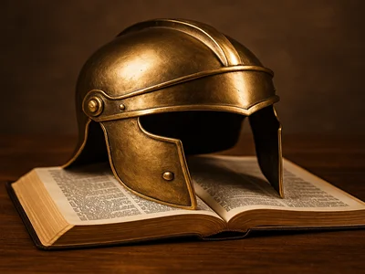 El yelmo de la salvación (Casco encima de una Biblia)