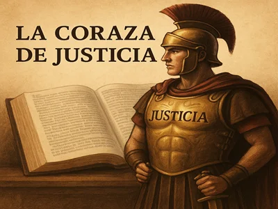 La coraza de Justicia (Hombre vestido con una coraza que dice Justicia.