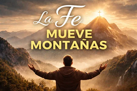 La fe mueve montañas. Hombre frente a las montañas, una cruz en la cima