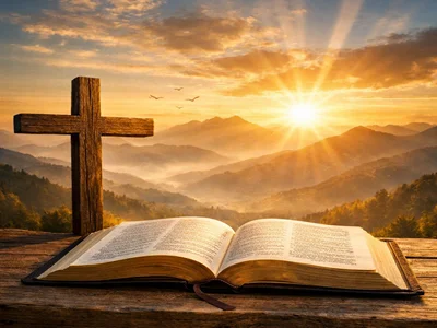 Sermones cristianos sobre la fe (Biblia sobre madera, cruz y el sol saliendo en las montañas)
